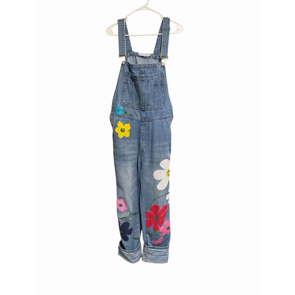 Misslook Painted Flower Hippie Boho Denim Bibs Overalls Jean Straight Leg Size L